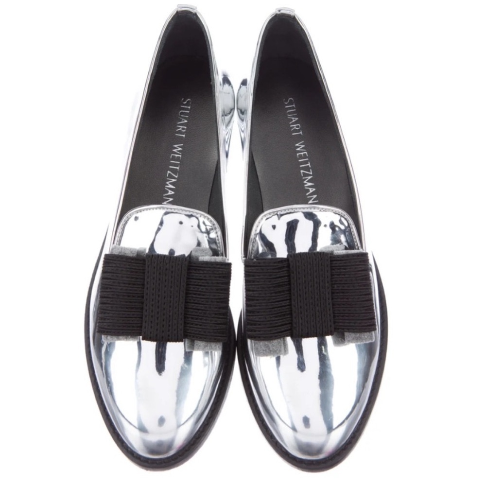 Stuart Weitzman At A Bow Silver Loafers  Worn in Great Condition Size 7.5